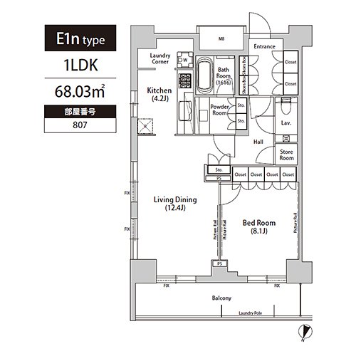 飯田橋ガーデンフラッツ(E1n-type：1LDK)の間取り画像