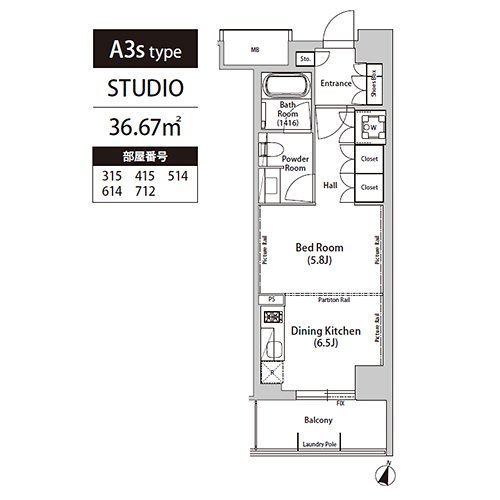 飯田橋ガーデンフラッツ(A3s-type：STUDIO)の間取り画像